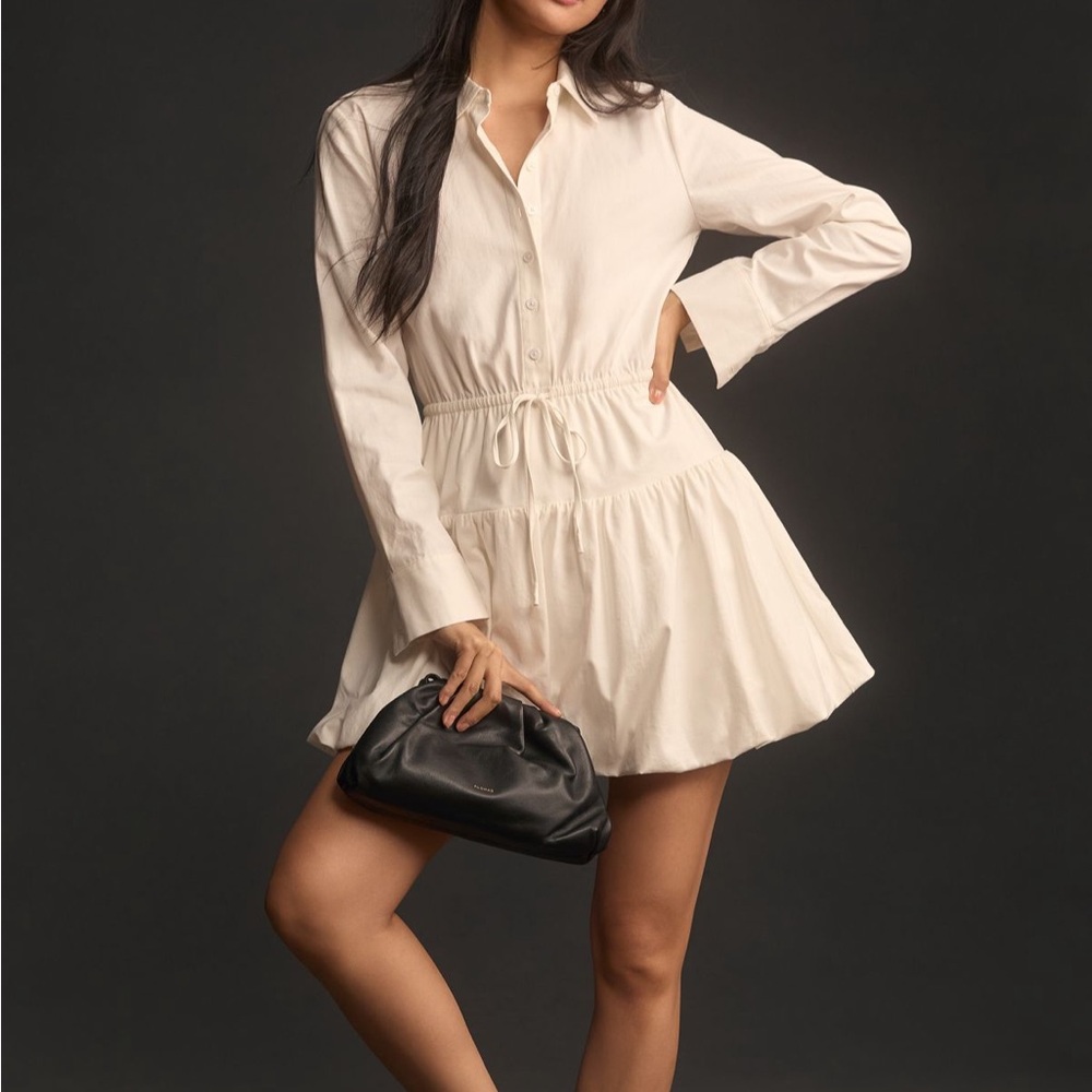 Reformation Moira White Long Sleeve Button Front Bubble Hem Dress